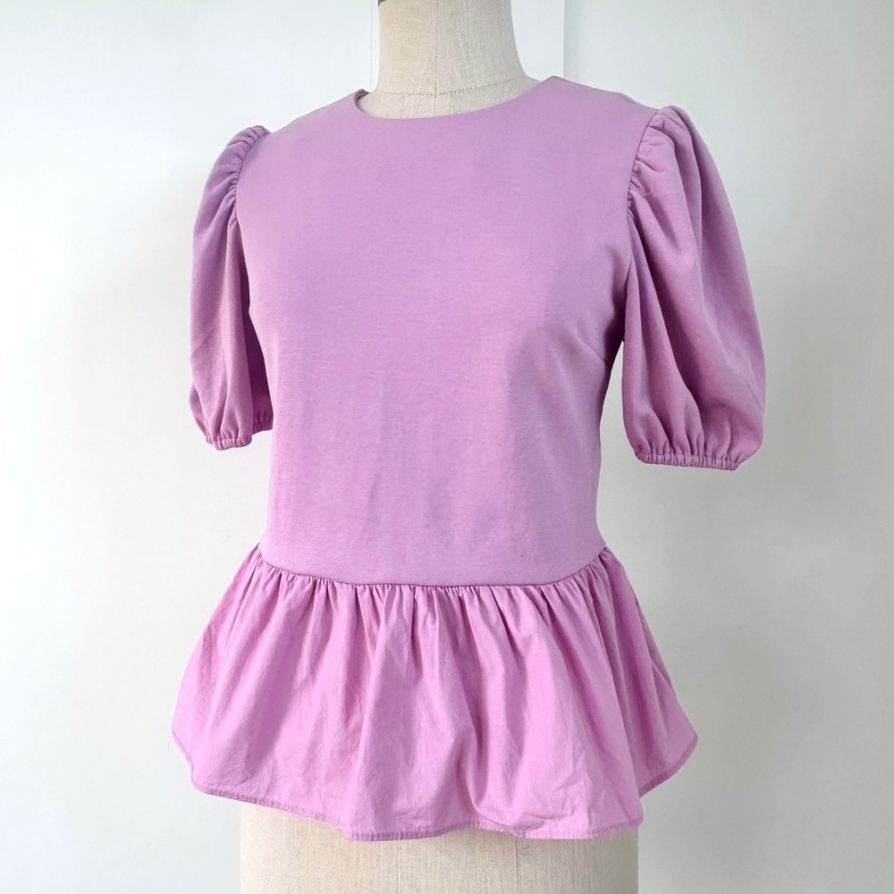 English Factory Pink Lavender Puff Sleeve Peplum Mixed Media Bubble Top XS